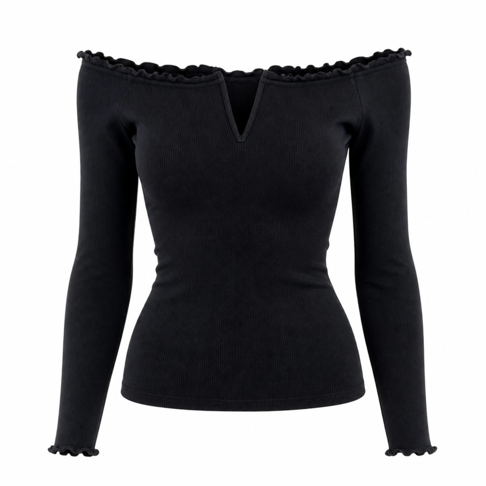 Aeropostale Womens Long Sleeve Ribbed Off-The-Shoulder V-Neck Ruffle Top